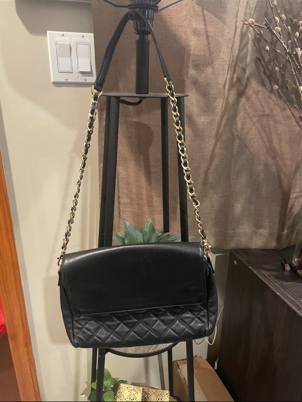 Black Quilted Leather Shoulder Bag with Chain Strap